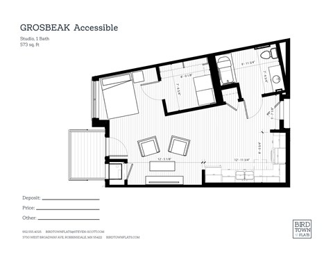 Floor plan for studio, 573 sqft